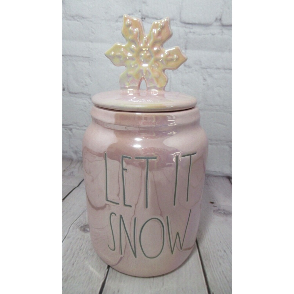 Rae Dunn Pink Baby Canister LET IT SNOW Snowflake Topper Christmas‎ Iridescent